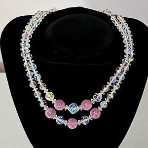 Gorgeous Double Strand Crystal Necklace with Glittery Lavender Beads Vtg